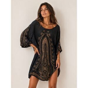 Earthbound Trading Co Women’s Boho Tunic Top Black Gold Print Size Small